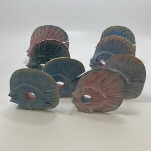 Set 8 WOODEN TROPICAL FISH NAPKIN RINGS Holders Hand Painted Nautical Wood